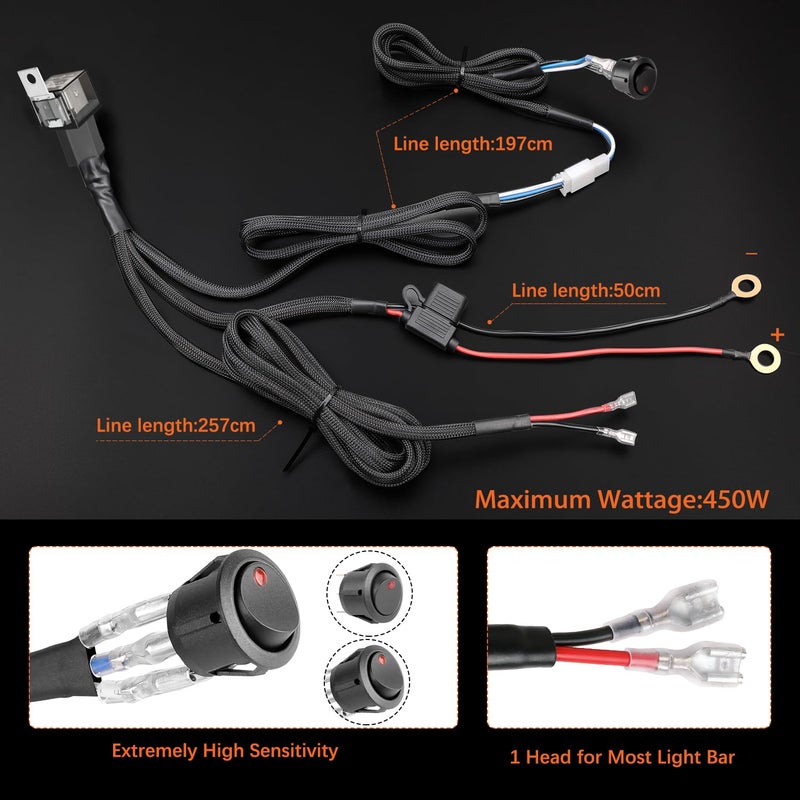 Auto Power Plus LED Light Bar Wiring Harness Kit Auto Power Plus 450W 12V 30A Fuse Relay 1 Lead Off Road Driving Light Wiring Harness Fog Lights Work Cube Light LED Pod Lights Wire Kit for Jeep Truck UTV ATV Boat - Image 3